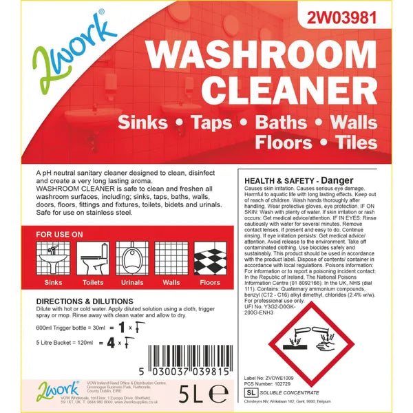 2Work Washroom Cleaner Concentrate Odourless 5 Litre