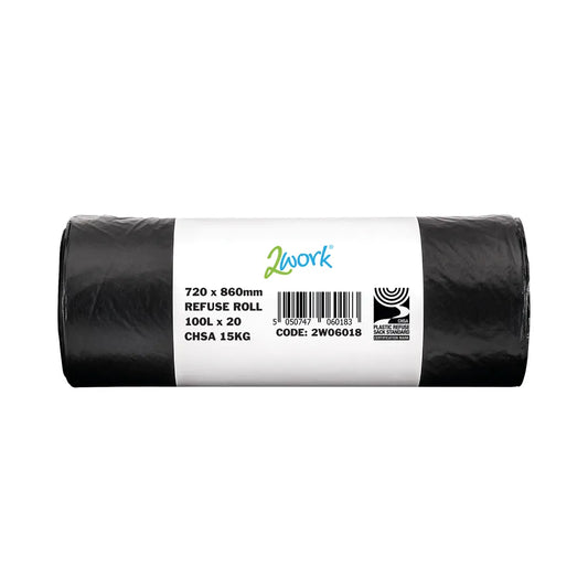 2Work Refuse Sack 100 Litre Black 20 Bags per Roll (Pack of 10) 2W06018